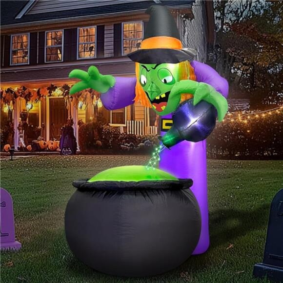 5 Ft Halloween Inflatable Witch with Cauldron and Green LED String Light - Picture 5 of 6